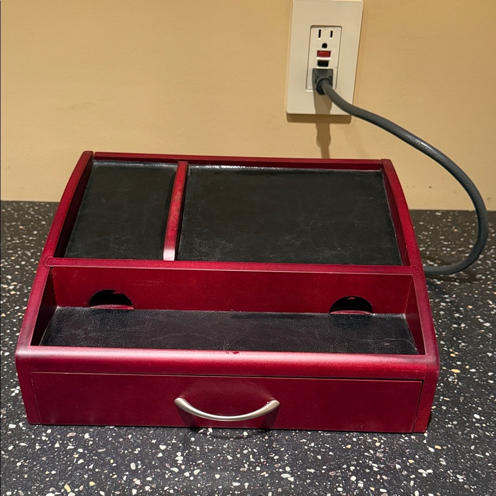 Cherry Wooden Charging Station with drawer and 4 plug power strip